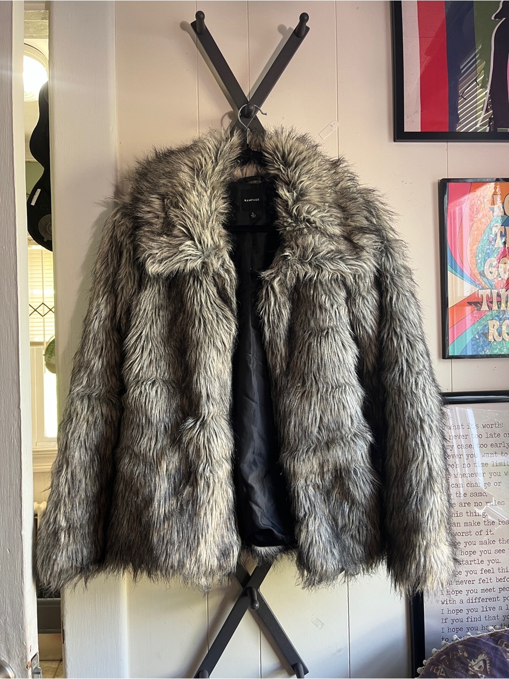 1990s Vintage Rampage Faux Fur Jacket in Gray and Black